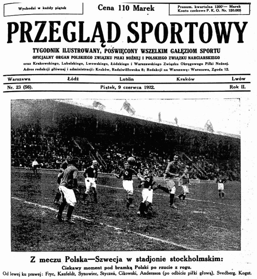 Szwecja-Polska 28 maja 1922. Przegląd Sportowy z dn. 09.06.1922